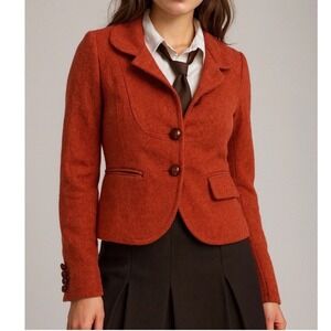 J Crew Womens Orange Herringbone Tweed Wool Blend Blazer Jacket Size 0 Academia